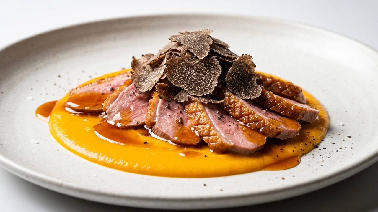 Petto d'Anatra all'Arancia con Crema di Zucca e Tartufo Uncinato