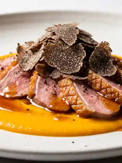 Petto d'Anatra all'Arancia con Crema di Zucca e Tartufo Uncinato