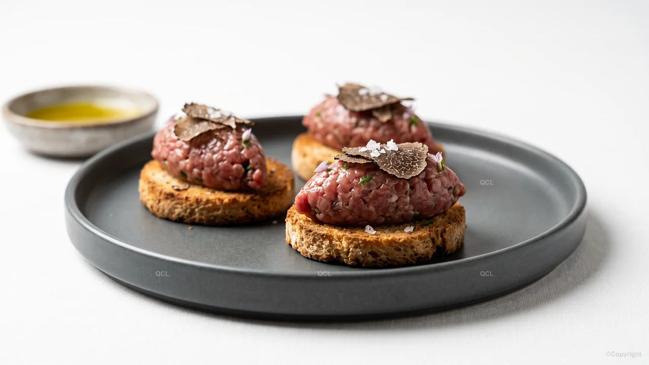Bocconcini di Tartare di Fassona con Crema di Tartufo e Lamelle di Nero Estivo